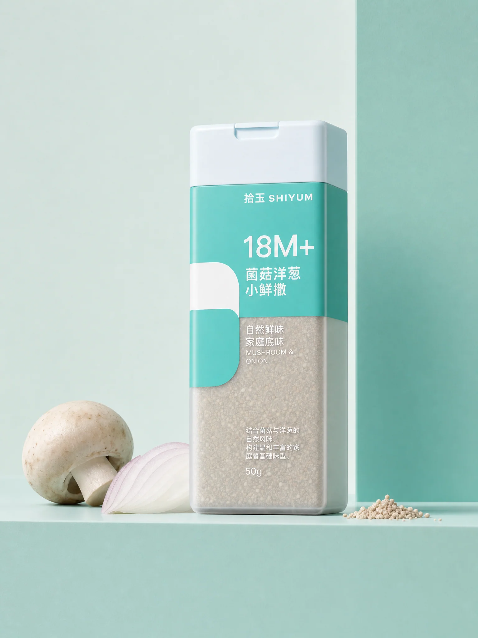 拾玉：18M+ 菌菇洋葱 · 几何色面海报，AI 辅助呈现
